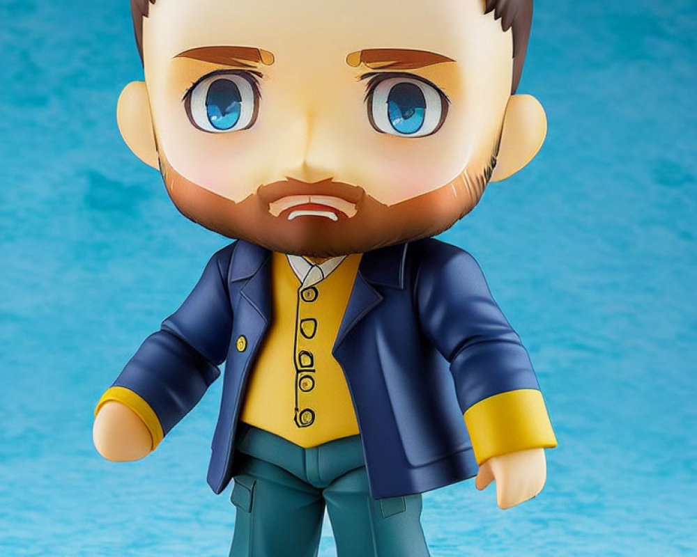 Colorful chibi-style man figurine with beard, blue eyes, navy jacket, yellow shirt,