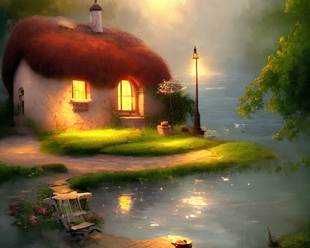 Quaint Thatched-Roof Cottage by Serene River at Dusk