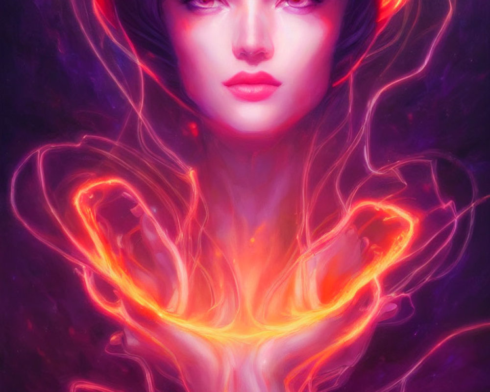 Colorful digital portrait of a woman with red-orange energy on purple background