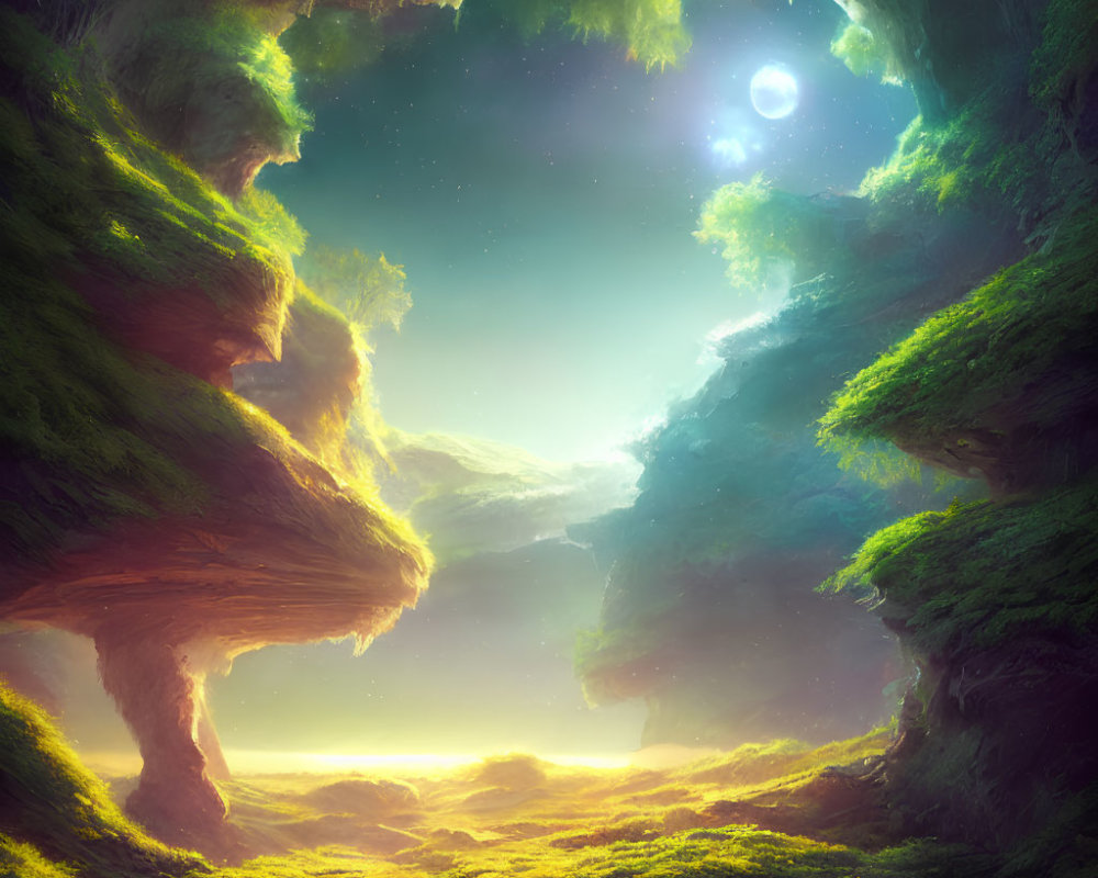 Ethereal landscape with moss-covered cliffs under bright sun