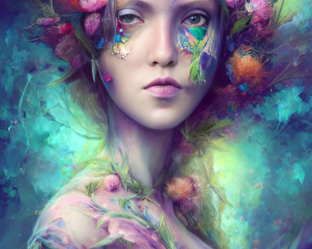 Surreal portrait of woman with vibrant floral elements in cool and warm colors