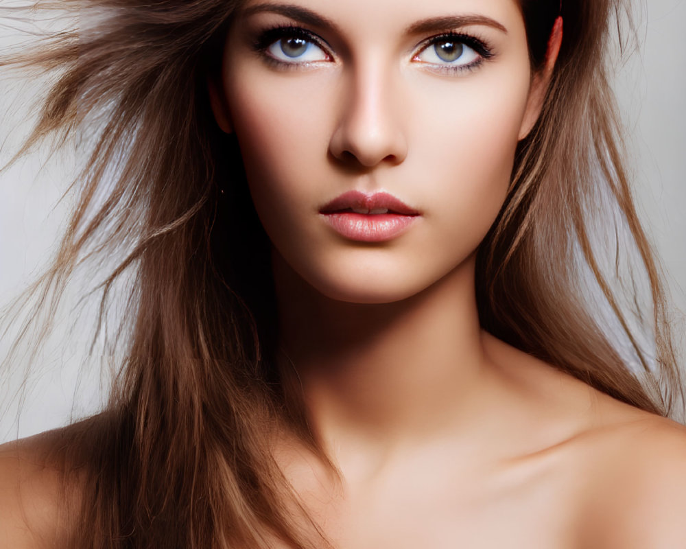 Close-Up Portrait of Woman with Windswept Hair and Intense Eyes