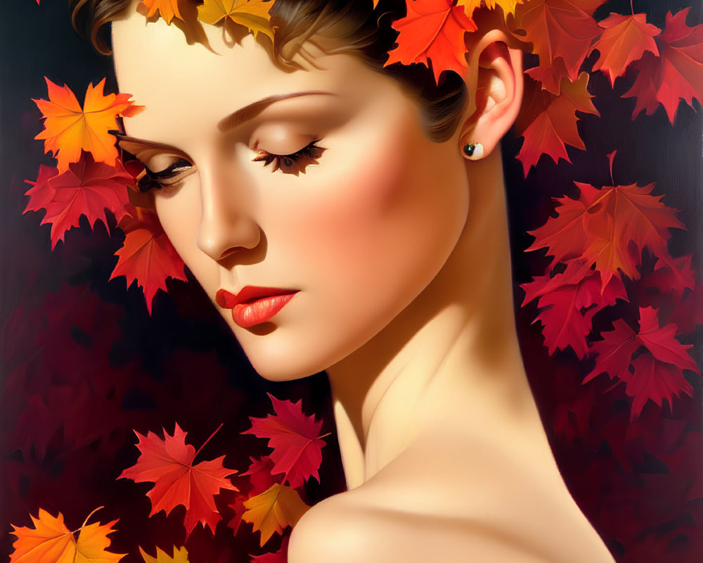 Portrait of woman with autumn leaves in hair on dark background