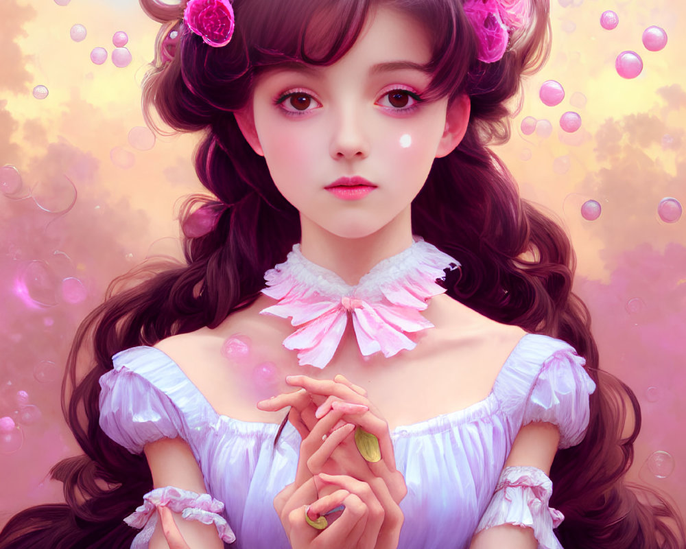 Digital artwork: Girl with expressive eyes and floral wreath in pink bubble-filled sunset.