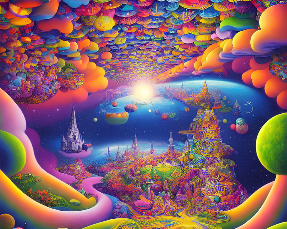 Colorful Psychedelic Landscape with Castle, Rivers, and Islands