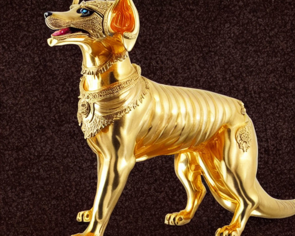 Golden Seated Dog Statue with Detailed Embellishments on Dark Background