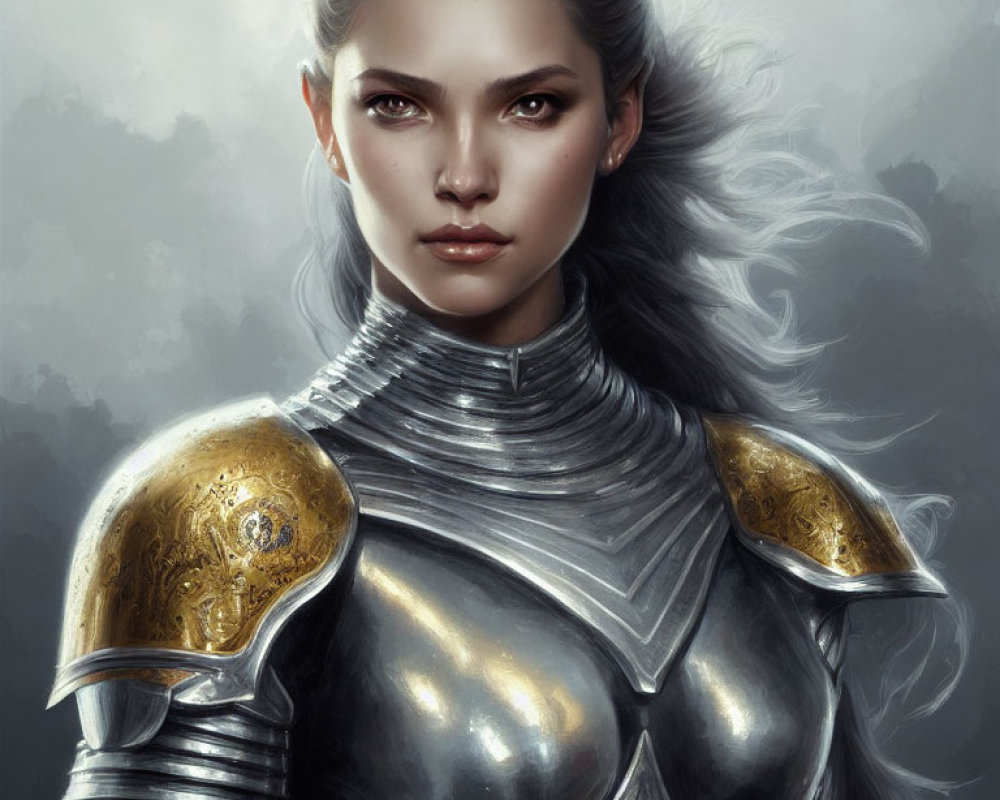 Portrait of Warrior Woman with Silver Hair and Detailed Armor