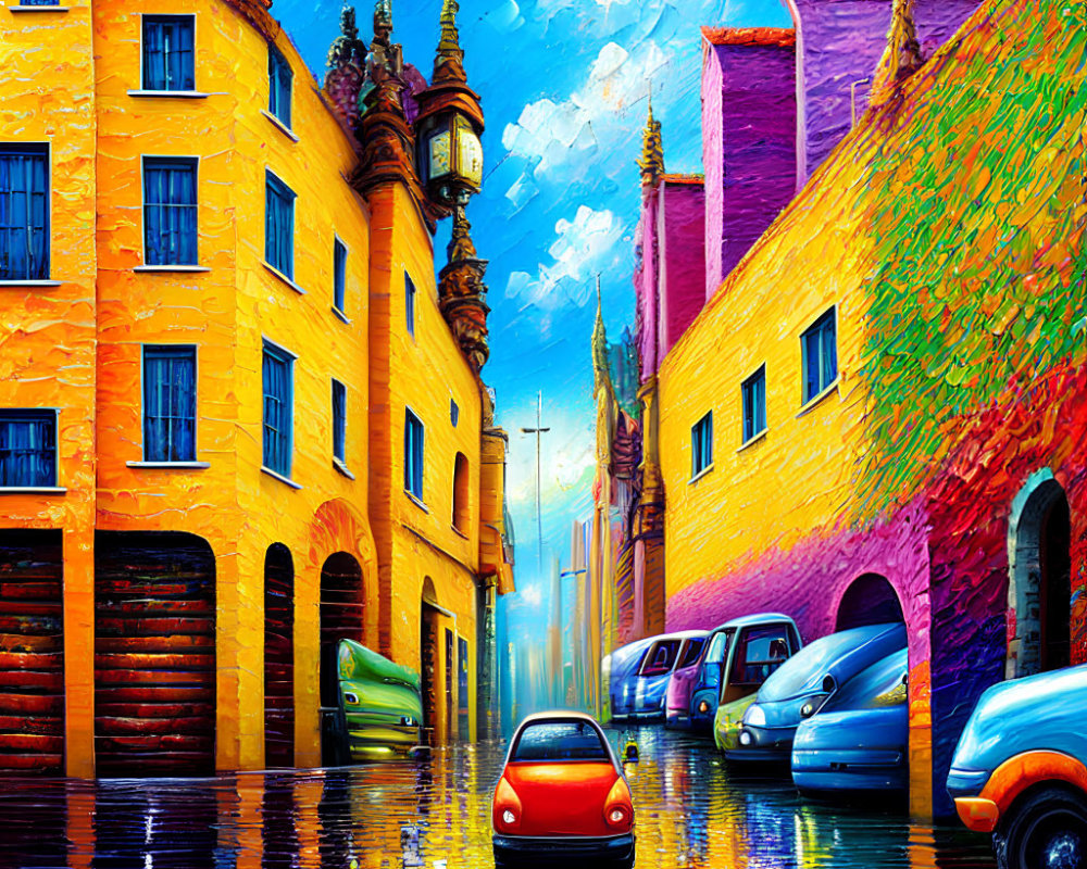 Vibrant Impressionist Painting of Wet Street and Buildings