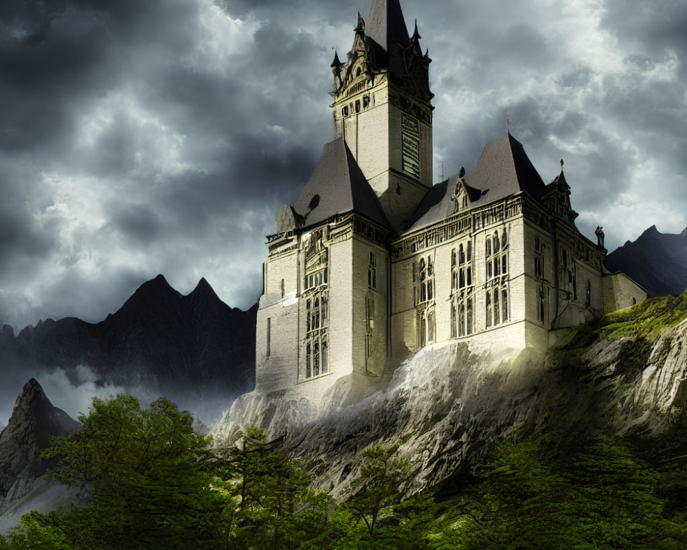 Gothic-style Castle on Cliff with Overcast Skies & Mountains