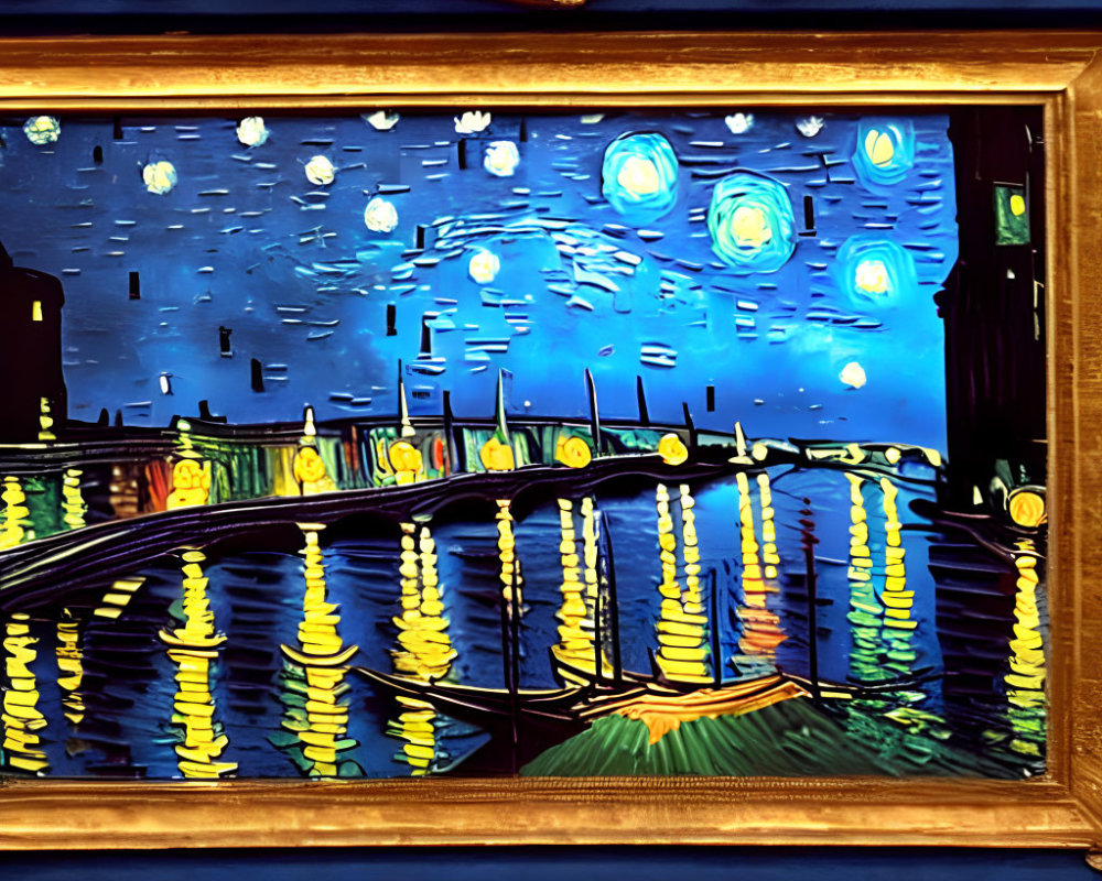 Vibrant painting of starry night sky over quiet town