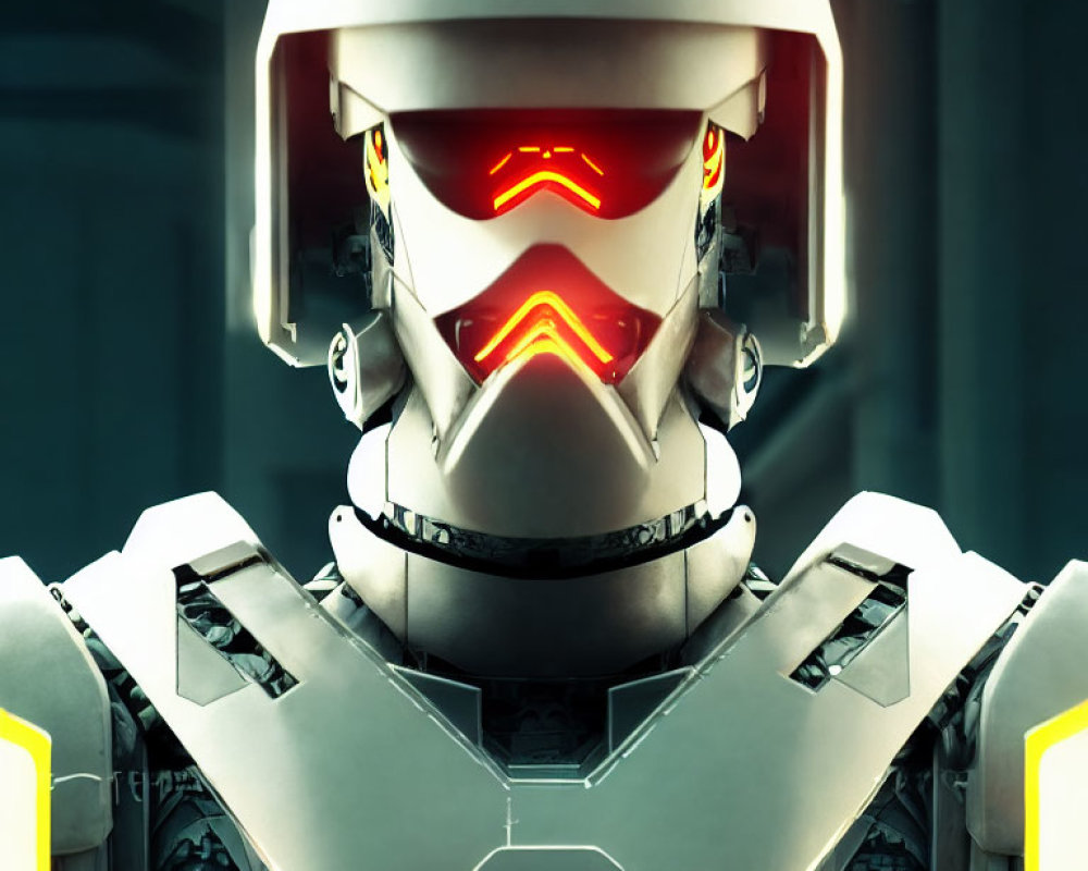 Futuristic robotic figure in white and grey armor with red visor in dimly lit corridor