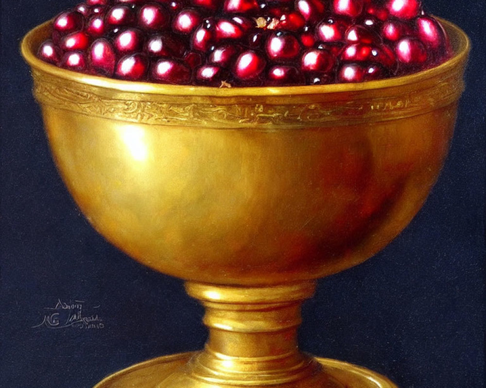 Golden chalice with red cherries on dark background