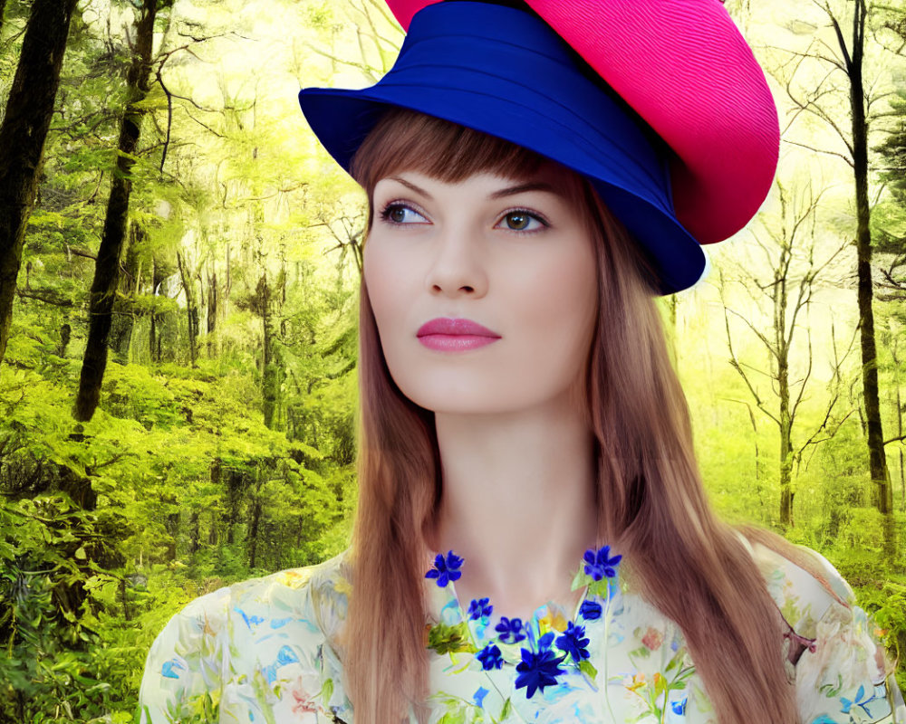 Woman in Blue and Pink Hat & Floral Dress Against Green Forest