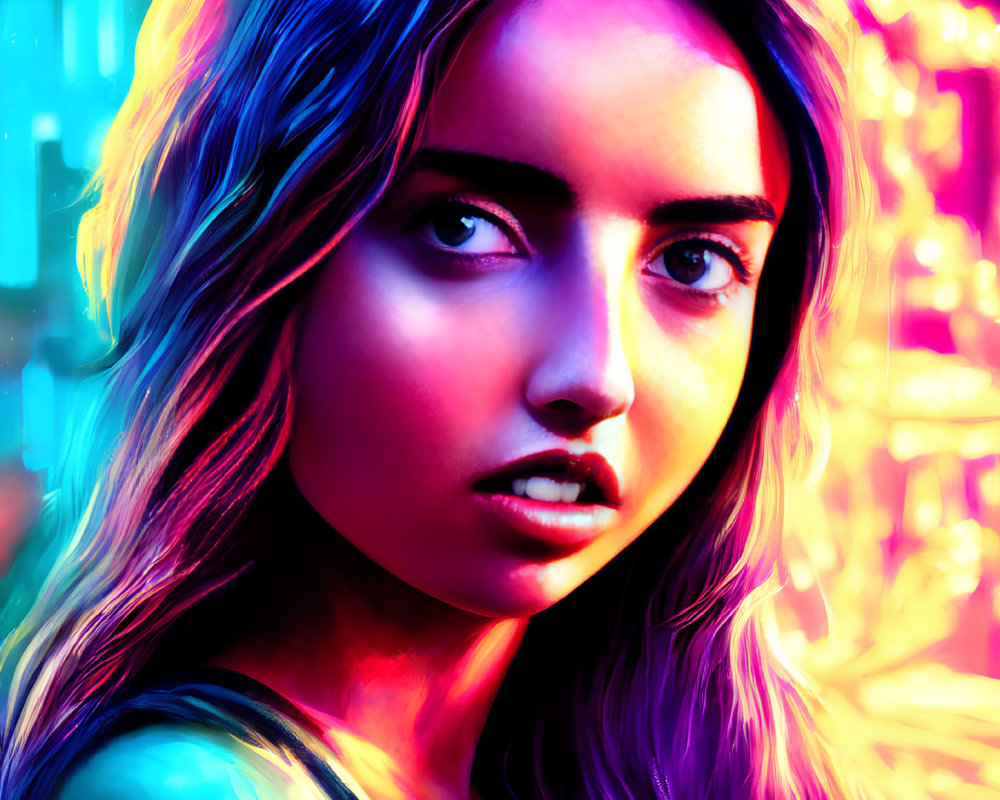 Colorful Portrait of Young Woman with Intense Gaze in Neon Tones