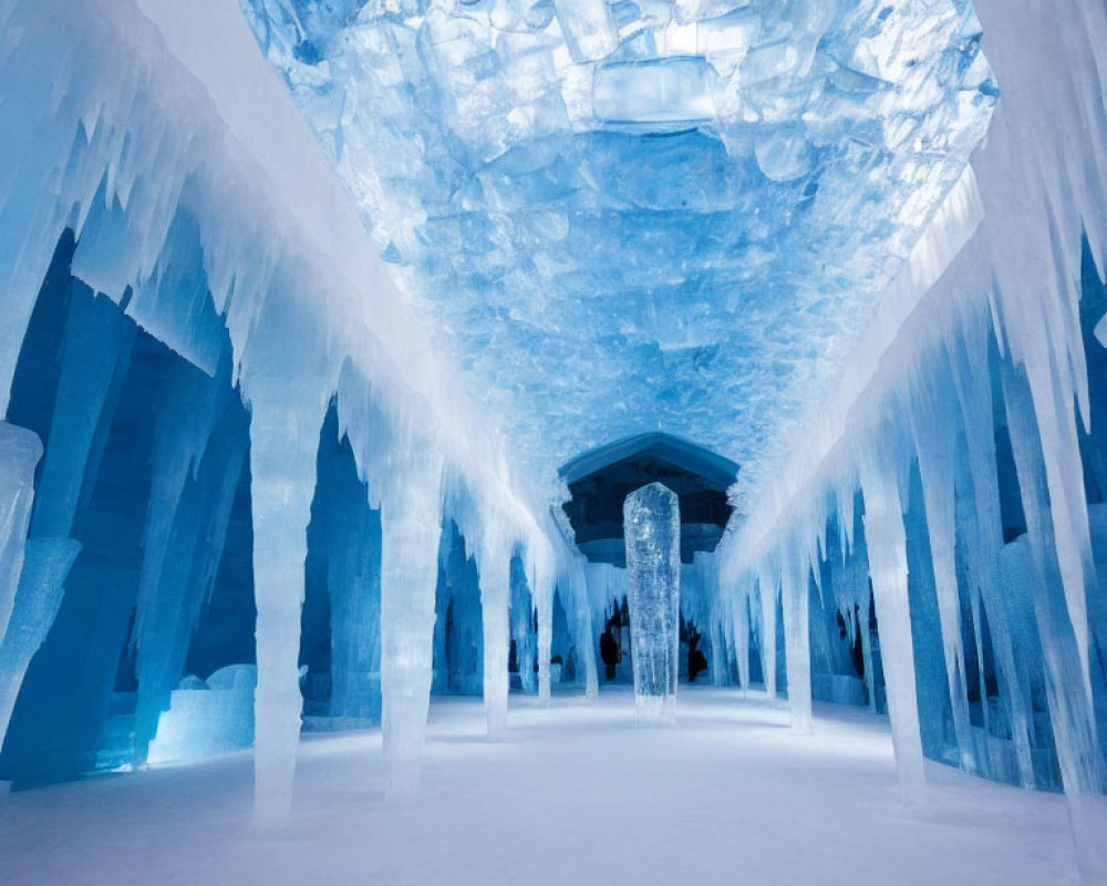 Translucent Blue Ice Cave with Icicles and Stalactite-like Formations