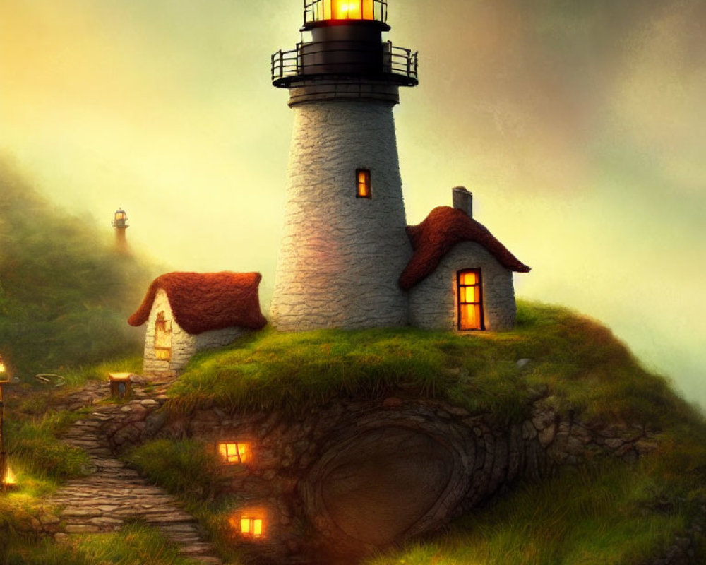 Tranquil lighthouse and cottage on grassy knoll at dusk.