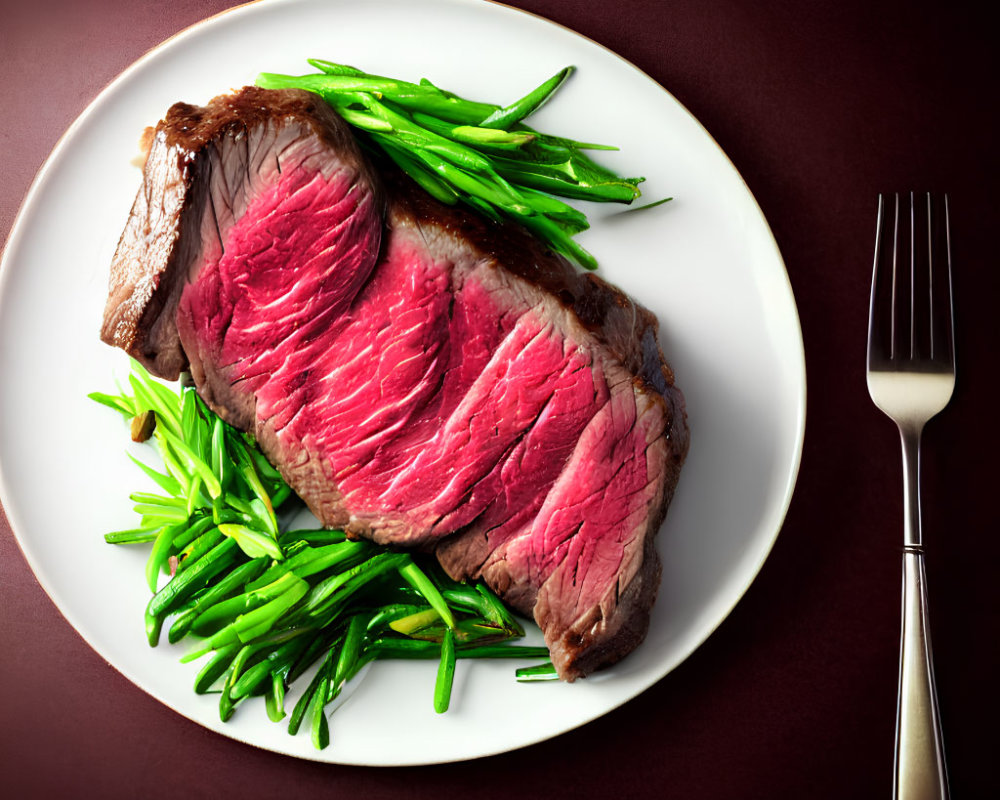 Medium-Rare Steak Slices with Green Beans on White Plate