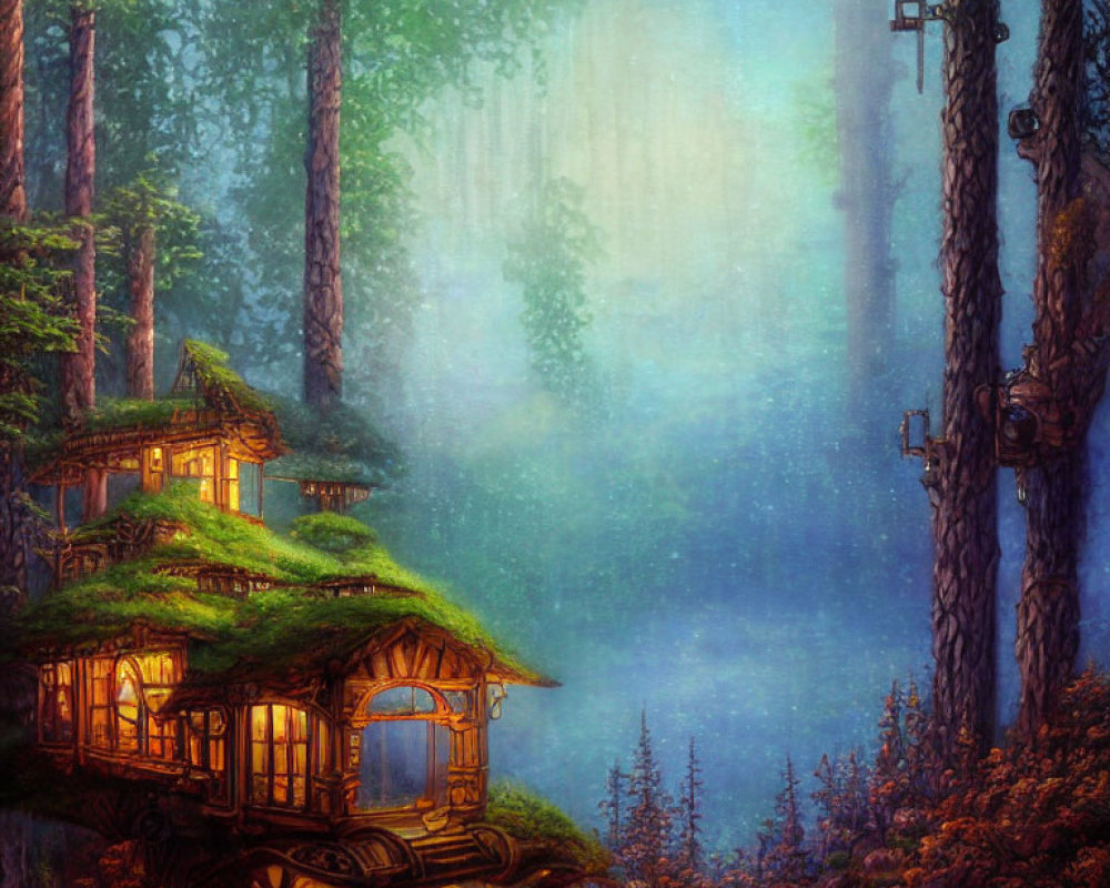 Mystical forest scene with tall trees and illuminated treehouses