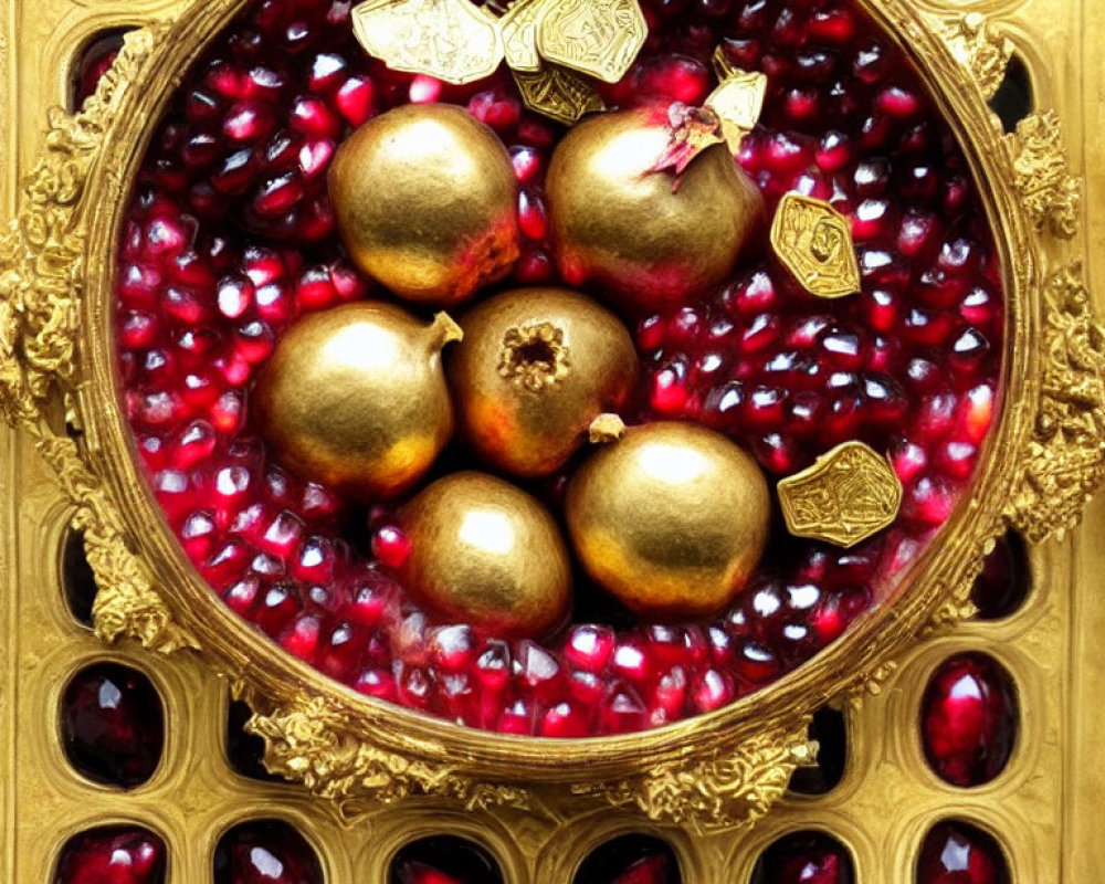 Golden Frame Surrounding Pomegranate Seeds and Gold-Leafed Fruit