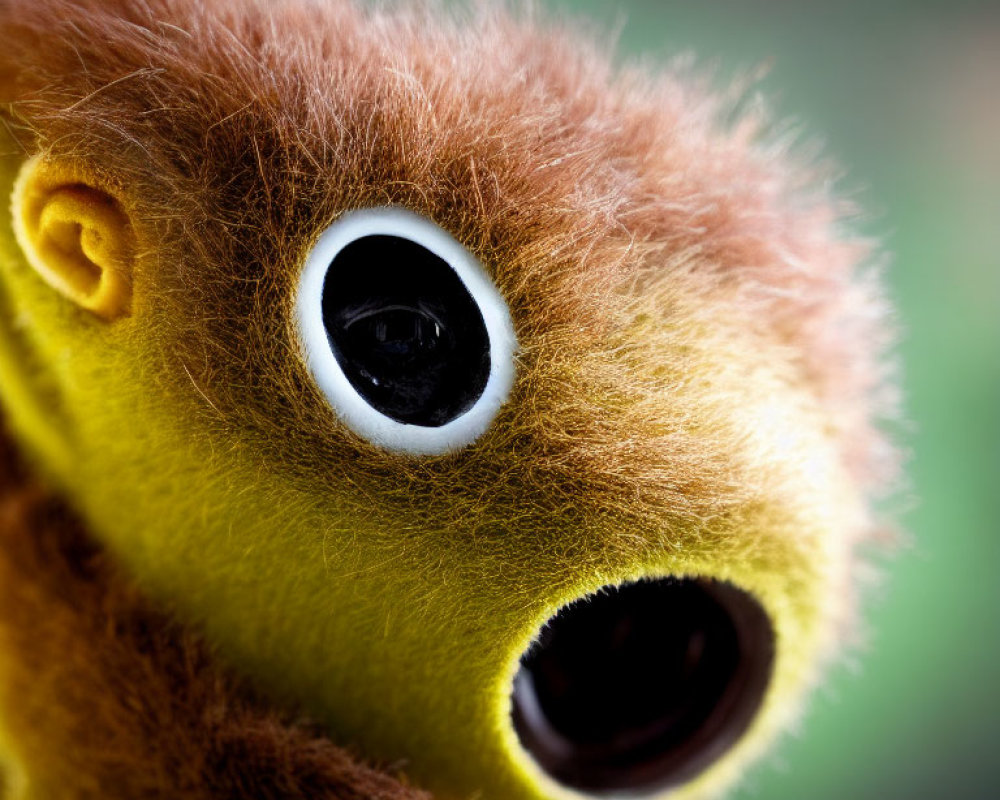 Toy with Big White Eyes, Brown Furry Body, and Round Black Mouth on Green Background