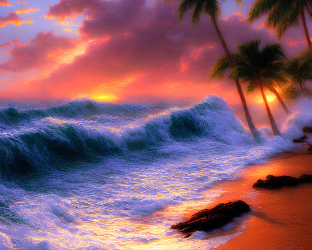 Tranquil Sunset Beach Scene with Palm Trees and Birds