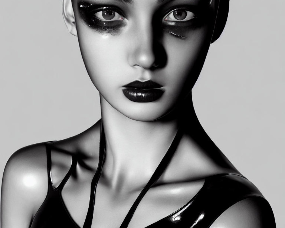 Stylized monochromatic female figure with large eyes and glossy lips