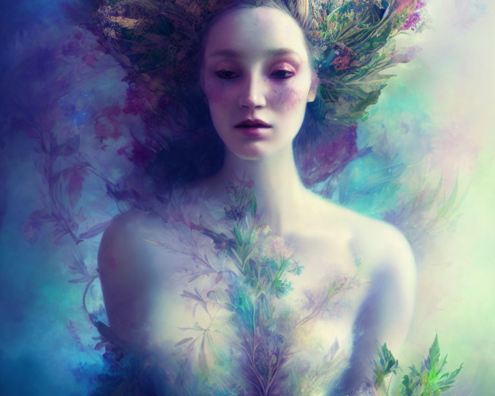 Surreal portrait of woman with foliage head and botanical elements in blue and purple tones