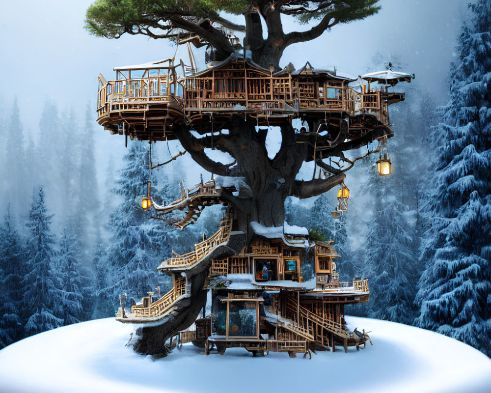 Multi-Level Snow-Covered Treehouse in Winter Forest