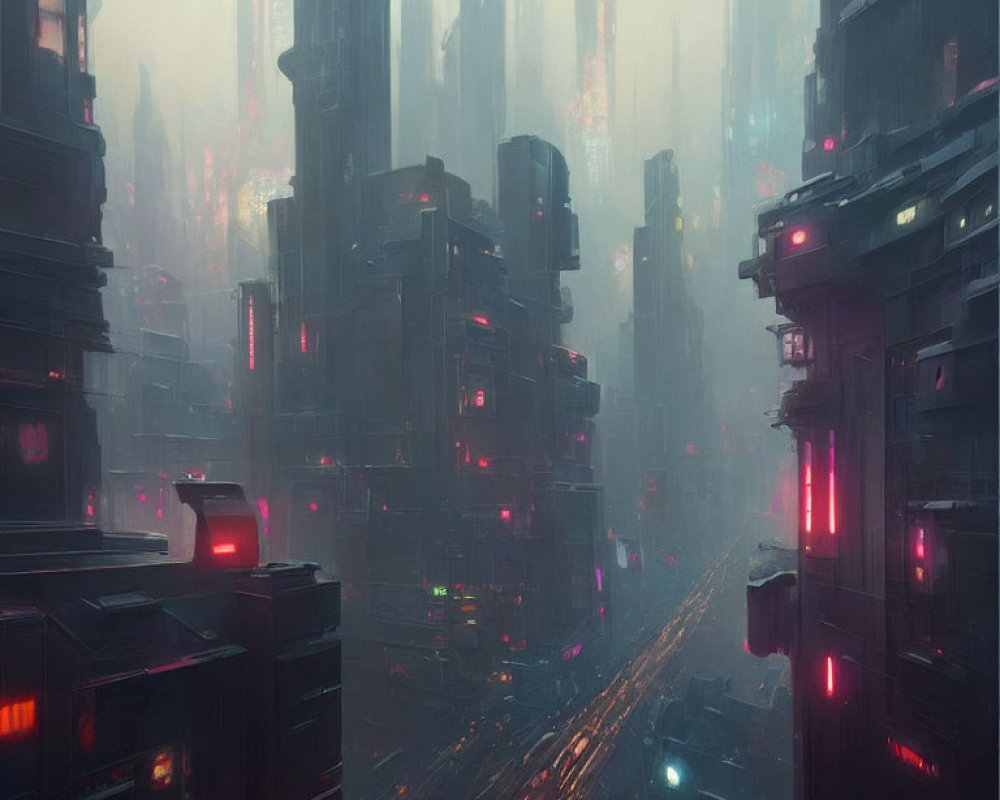 Misty dystopian cityscape with neon-lit skyscrapers under gloomy sky