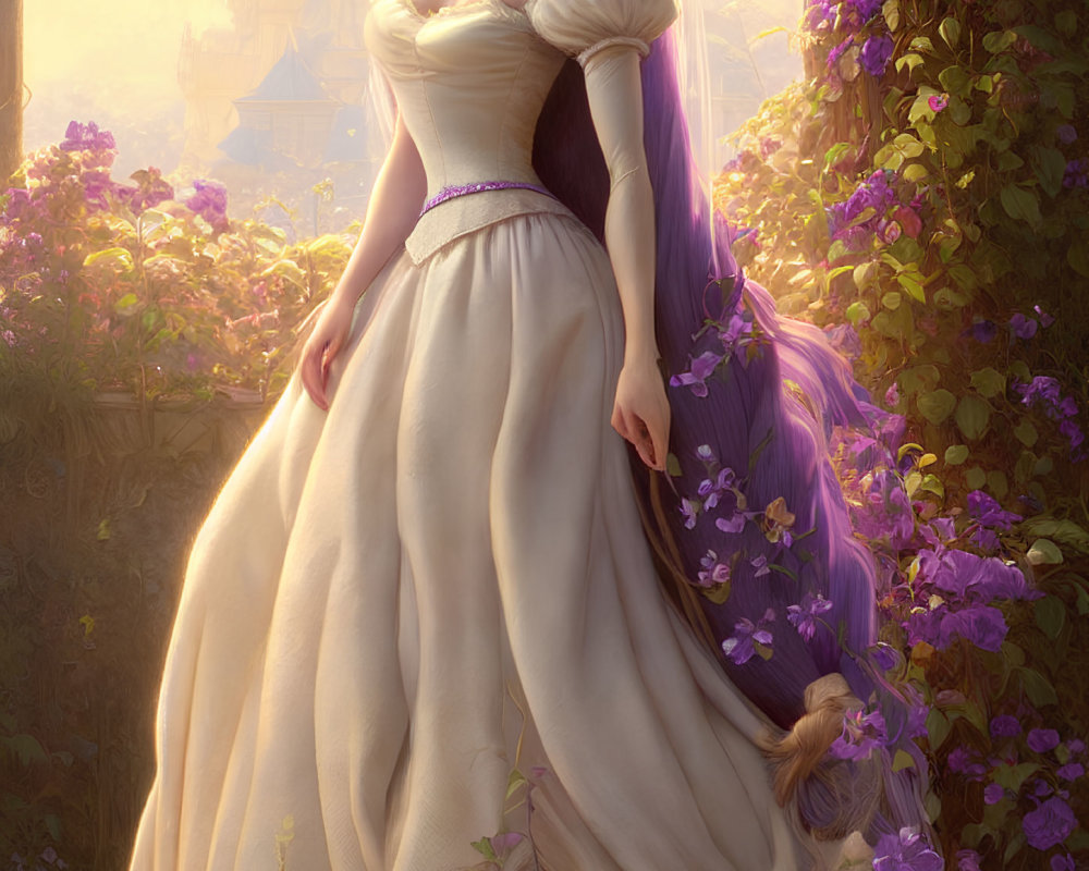 Animated lady with purple hair in flower garden with castle scenery