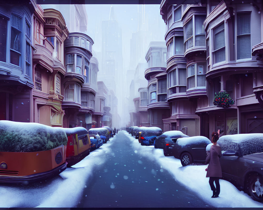 Snowy Street Scene with Vintage Townhouses and Parked Cars at Twilight