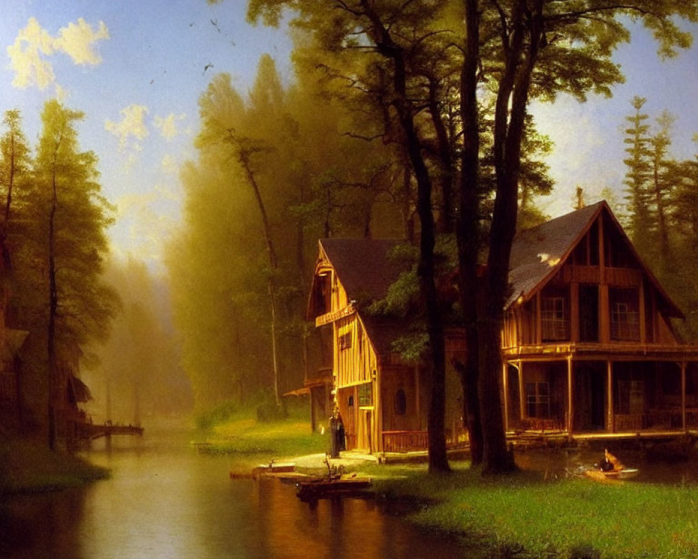 Tranquil River Scene with Wooden Cabin in Sunlight