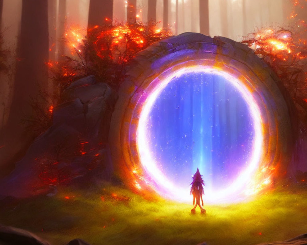 Mystical blue portal in sunlit forest with lone figure and red-leafed trees