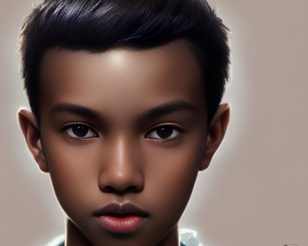 Young boy digital portrait with dark hair and brown eyes and neutral expression