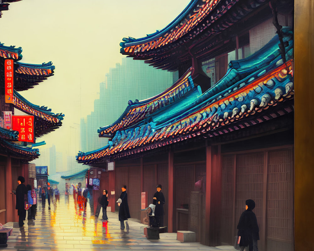 Vibrant Asian street scene with red and blue buildings, lanterns, and people walking on wet