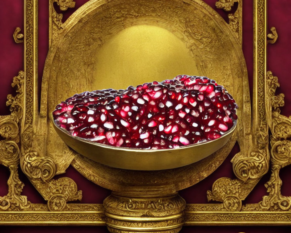 Golden bowl with pomegranate seeds on decorative pedestal against red background