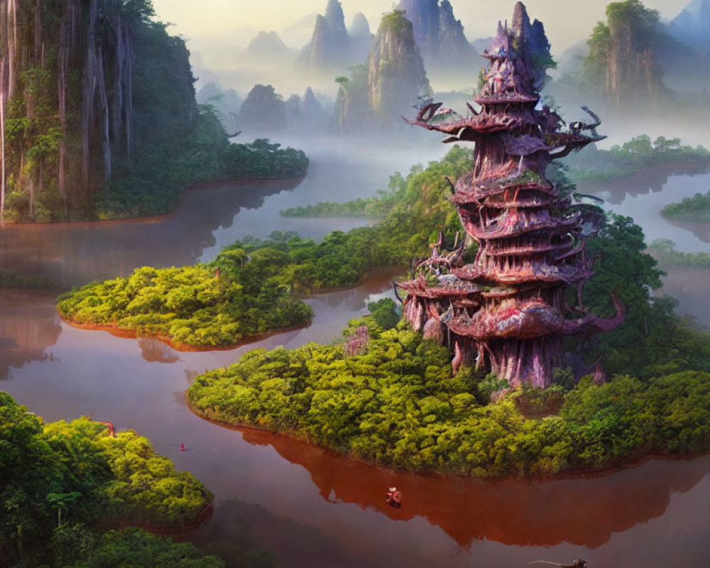 Majestic pagoda in misty mountain landscape with dragons