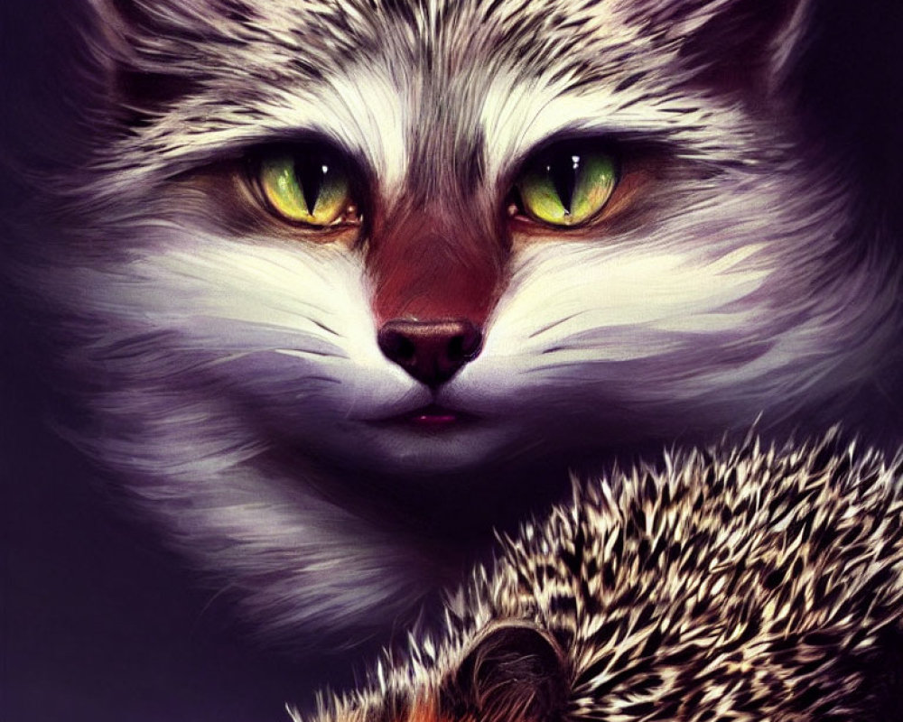 Detailed digital artwork featuring a cat with yellow eyes and a hedgehog in warm tones