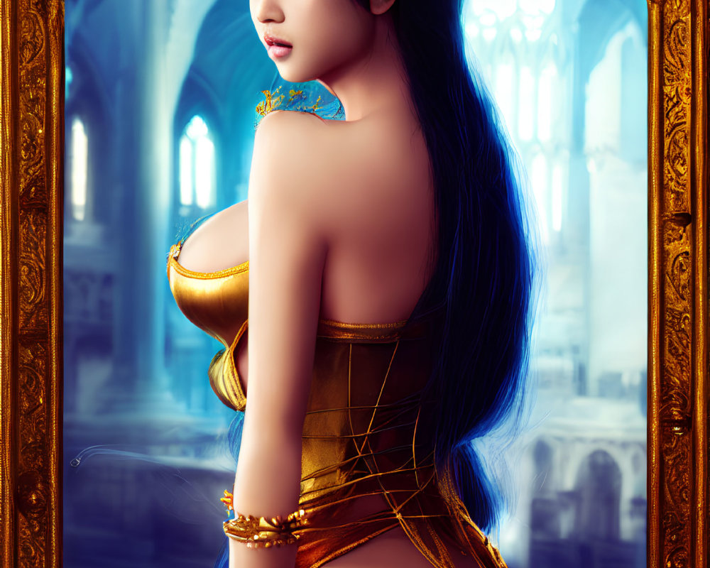 Digital artwork of a woman in ornate gold and blue attire in a fantasy setting