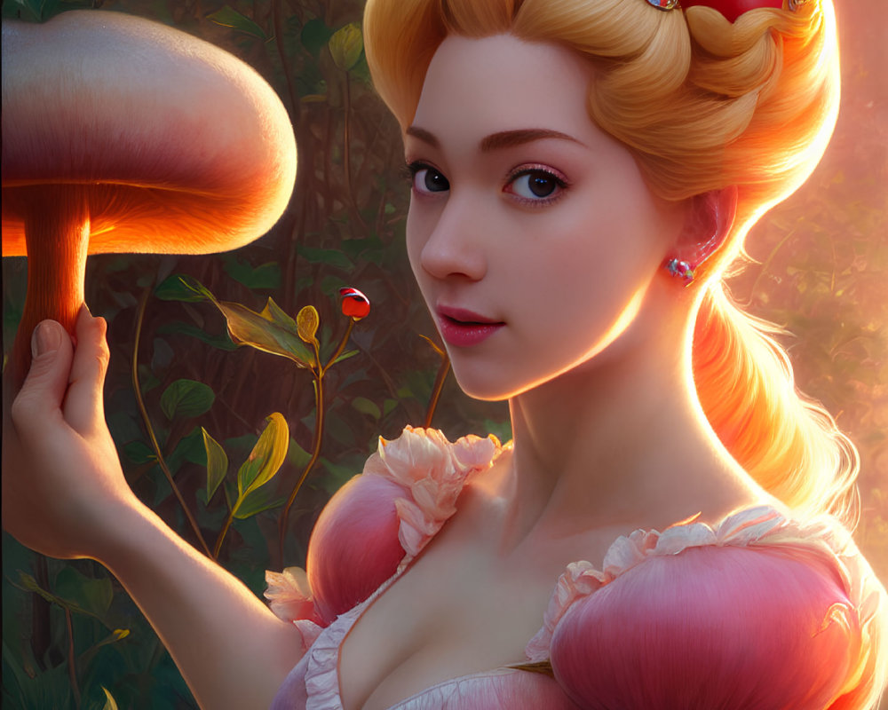 Golden-haired woman with red headband and giant mushroom in lush greenery.