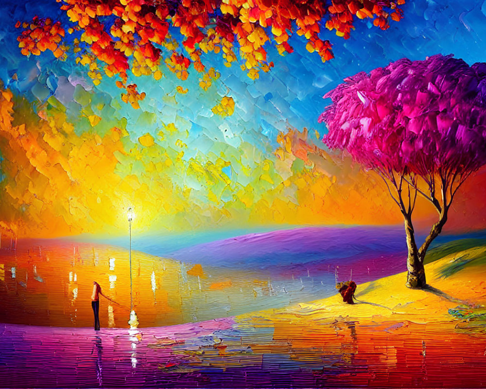 Multicolored sky, reflective water, red and pink trees, solitary figure with kite