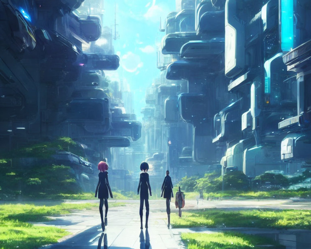 Three individuals strolling amid futuristic cityscape under a hazy blue sky.