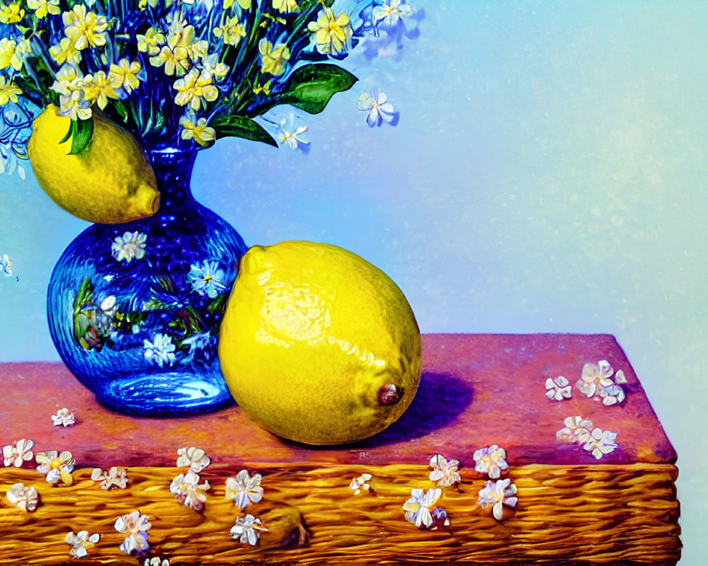 Colorful still life painting with blue vase, yellow flowers, lemon, and white blossoms