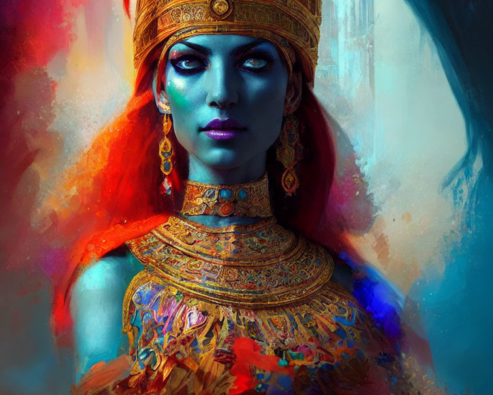 Colorful portrait of person with blue skin in gold headdress on vibrant background