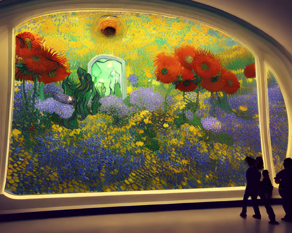 Impressionist-inspired wall mural with sunflowers, greenery, blue backdrop, and admiring sil