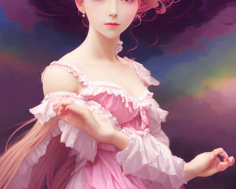 Whimsical woman with pink curly hair in ruffled dress on multicolored background