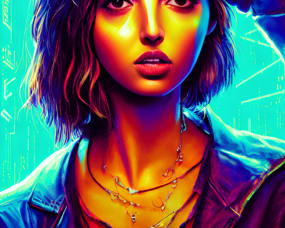 Portrait of woman with short hair and necklaces in neon cyberpunk setting