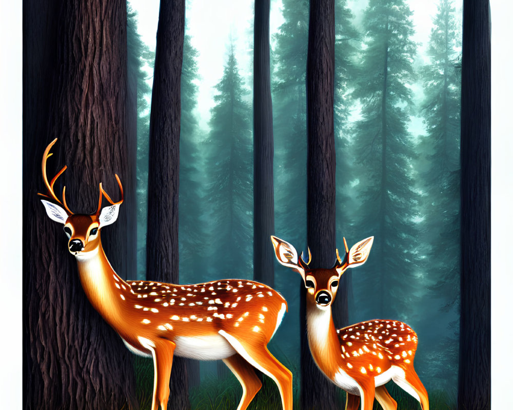 Stylized deer in misty forest with tall pine trees