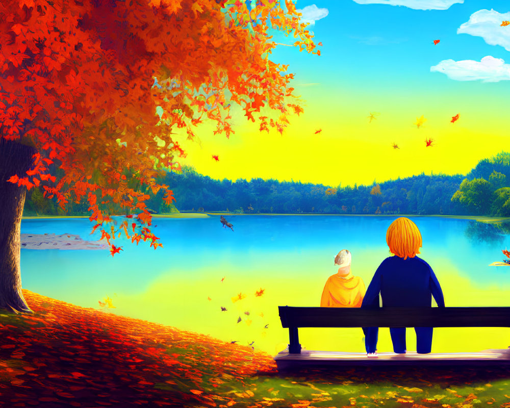 Two people on park bench by lake surrounded by fall foliage