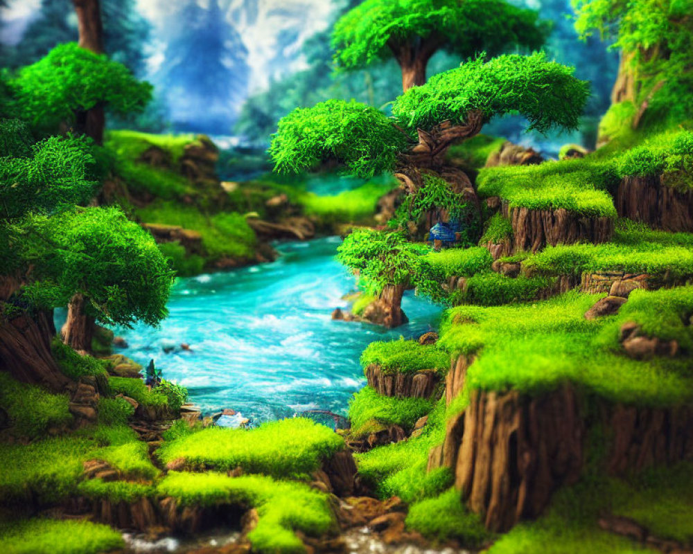 Vibrant fantasy forest with lush green trees, river, and waterfalls